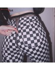 InstaHot Plaid Zipper w kratkę proste spodnie damskie moda na co dzień Slim kieszenie długie spodnie czarny biały ołówek Pantalo