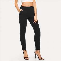 SHEIN elastyczny pas czarne paski w połowie talii spodnie skinny Fit jesień urząd Lady elegancki Slim Fit pionowe kobiety ołówek