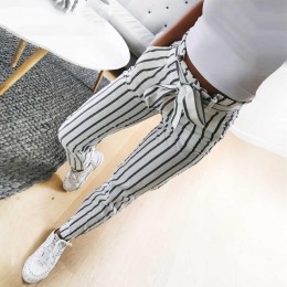 2019 moda jesień kobiety na co dzień w połowie talii spodnie białe paski muszka sznurek słodkie elastyczne kieszenie w pasie spo