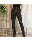 Sheinside elastyczny pas Pinstripe spodnie papierosów czarny w połowie talii stożkowe marchew spodnie damskie letnie damskie spo