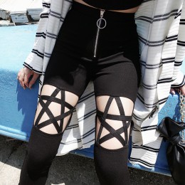Moda Punk Gothic spodnie damskie legginsy drążą pięcioramienna gwiazda spodnie Harajuku Streetwear czarny