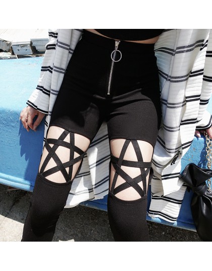 Moda Punk Gothic spodnie damskie legginsy drążą pięcioramienna gwiazda spodnie Harajuku Streetwear czarny