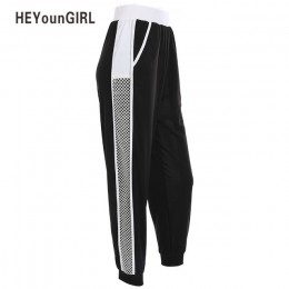 HEYounGIRL Patchwork Mesh kobiety spodnie dresowe czarny biały Baggy spodnie na co dzień Hollow Out Sexy spodnie Streetwear otwo