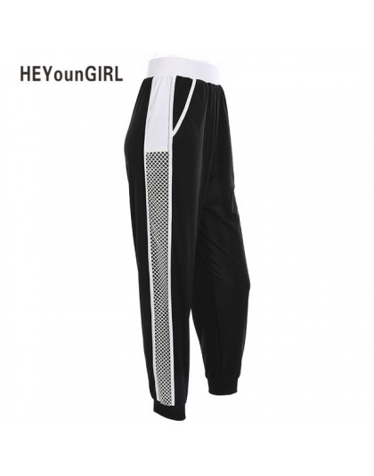 HEYounGIRL Patchwork Mesh kobiety spodnie dresowe czarny biały Baggy spodnie na co dzień Hollow Out Sexy spodnie Streetwear otwo