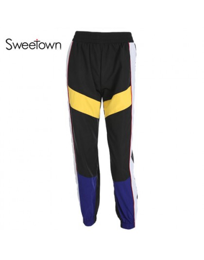 Sweetown Harajuku Hip Hop Cargo spodnie Streetwear kobiety Street Style Pantalon Femme kasetony łączone wysokiej talii Jogger sp