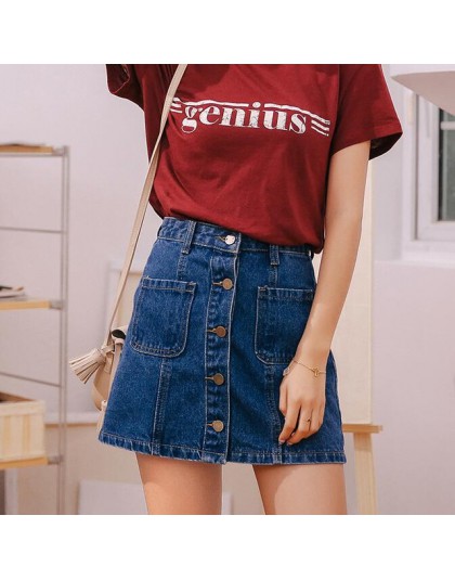Denim spódnica wysokiej talii linii Mini spódnice kobiety 2018 letnie nowe produkty jeden przycisk kieszenie niebieski Jean spód