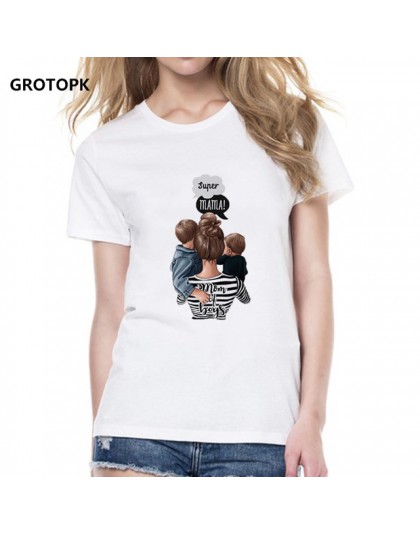 Modna bawełniana koszulka damska z krótkim rękawkiem stylowy t-shirt z okrągłym dekoltem oryginalna grafika super mama