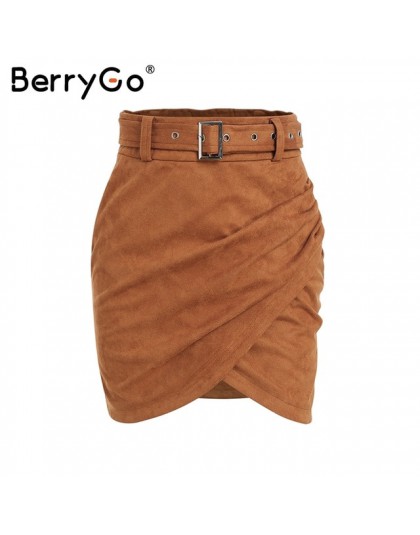 BerryGo wysokiej talii pas zamsz skórzana spódnica kobiet jesień zima nieregularne bodycon mini spódnica Sexy streetwear kobiety
