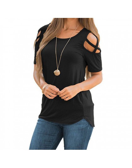 ZSIIBO kobiety lato z krótkim rękawem Strappy zimno ramię T-Shirt topy t shirt kobiety krótki O-neck Top Tees Feminina Camiseta