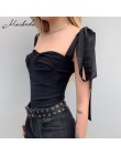 Macheda koronka Up Crop Top z krótkim rękawem Backless zakrętka tubki stałe zbiorniki przycięte lato na co dzień bluzki dla kobi