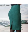 Aonibeier kobiety Suede jednolity kolor spódnica ołówkowa kobiet jesień zima wysoka talia Bodycon rocznika podział grube rozciąg