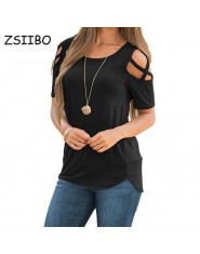 Kobiety T Shirt z krótkim rękawem topy Strappy zimno ramię góry Tee kobiety z krótkim rękawem O-neck Top na co dzień Tees Plus r