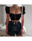 Nibber kobiety sexy biały Low-cut Crop topy moda lato dziki T-shirt czarny elastyczna szczupła miękkie topy stałe krótki rękaw k