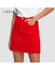 COLROVIE postrzępione Hem kieszenie Denim spódnica wiosna czerwony zgrywanie połowie talii dziewczęcy spódnica mini na co dzień 