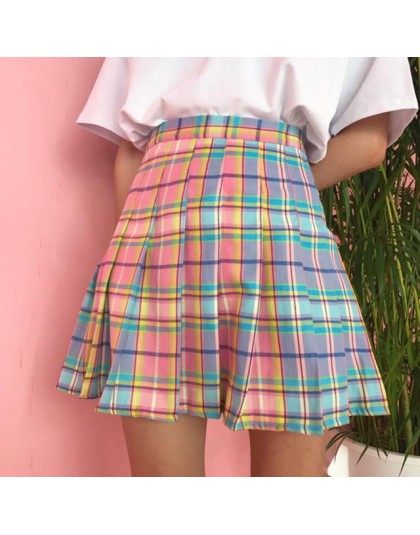 Modna plisowana mini spódnica z wysokim stanem damska młodzieżowa oryginalny trapezowy krój kolorowa w kratę
