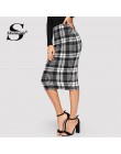 Sheinside czarny i biały dopasowane Plaid spódnica ołówkowa kobiety kolano długość eleganckie spódnice kobiet OL pracy Bodycon j