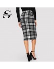 Sheinside czarny i biały dopasowane Plaid spódnica ołówkowa kobiety kolano długość eleganckie spódnice kobiet OL pracy Bodycon j