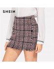 SHEIN Multicolor urząd Lady eleganckie postrzępione wykończenia krawędzi Plaid Tweed w połowie spódniczka z wysokim stanem 2018 