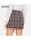 SHEIN Multicolor urząd Lady eleganckie postrzępione wykończenia krawędzi Plaid Tweed w połowie spódniczka z wysokim stanem 2018 