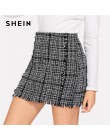 SHEIN Multicolor urząd Lady eleganckie postrzępione wykończenia krawędzi Plaid Tweed w połowie spódniczka z wysokim stanem 2018 