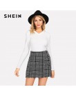 SHEIN Multicolor urząd Lady eleganckie postrzępione wykończenia krawędzi Plaid Tweed w połowie spódniczka z wysokim stanem 2018 