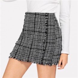 SHEIN Multicolor urząd Lady eleganckie postrzępione wykończenia krawędzi Plaid Tweed w połowie spódniczka z wysokim stanem 2018 