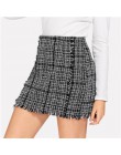 SHEIN Multicolor urząd Lady eleganckie postrzępione wykończenia krawędzi Plaid Tweed w połowie spódniczka z wysokim stanem 2018 