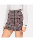 SHEIN Multicolor urząd Lady eleganckie postrzępione wykończenia krawędzi Plaid Tweed w połowie spódniczka z wysokim stanem 2018 