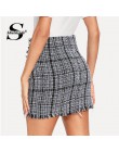 Sheinside Plaid postrzępiony wykończenia Tweed Bodycon Mini spódnica dla kobiet wysoka talia Multicolor jesień panie eleganckie 