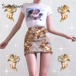Sweetown Harajuku anioł drukuj Kawaii lato spódnica z siatki Patchwork podwójna warstwa słodkie spódnice kobiet elastyczna wysok