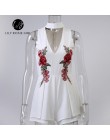 Conmoto lato elegancki V Neck Floral kobiety Playsuit bez rękawów biały kombinezony pajacyki Casual plaża ogólnie haft Plus rozm