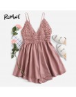 ROMWE kontrast koronki Knot powrotem Cami Romper kobiety różowy V Neck paski bez rękawów Playsuit lato dorywczo spodnie szerokie