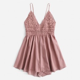 ROMWE kontrast koronki Knot powrotem Cami Romper kobiety różowy V Neck paski bez rękawów Playsuit lato dorywczo spodnie szerokie