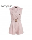 BerryGo kobiety pajacyki elegancki wstęgi khaki playsuit lato kobiet kombinezon biuro panie playsuit kieszenie przycisk zipper p