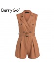 BerryGo kobiety pajacyki elegancki wstęgi khaki playsuit lato kobiet kombinezon biuro panie playsuit kieszenie przycisk zipper p