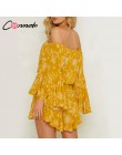 Conmoto Ruffles lato w stylu Vintage kobiety Casual kombinezony drukuj Off ramię 2019 krótki kombinezon pajacyki czeski Playsuit