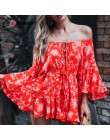 Conmoto Ruffles lato w stylu Vintage kobiety Casual kombinezony drukuj Off ramię 2019 krótki kombinezon pajacyki czeski Playsuit