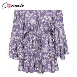 Conmoto Ruffles lato w stylu Vintage kobiety Casual kombinezony drukuj Off ramię 2019 krótki kombinezon pajacyki czeski Playsuit