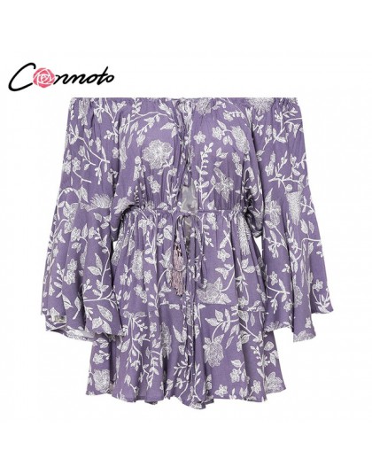 Conmoto Ruffles lato w stylu Vintage kobiety Casual kombinezony drukuj Off ramię 2019 krótki kombinezon pajacyki czeski Playsuit