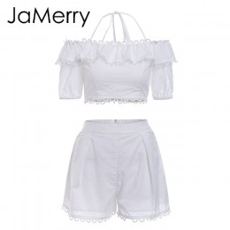 JaMerry w stylu Vintage off ramię biały haft dwuczęściowy zestaw romper kobiety polka dot kombinezon playsuit letnie wakacje na 