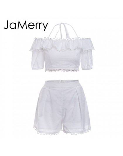 JaMerry w stylu Vintage off ramię biały haft dwuczęściowy zestaw romper kobiety polka dot kombinezon playsuit letnie wakacje na 