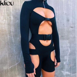 Kliou z długim rękawem wysoka neck zamek klamra zespół hollow out elastyczne sexy playsuit 2018 jesień kobiety klub nowa moda bo