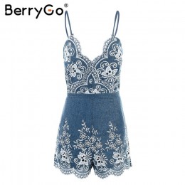 BerryGo pasek lato kombinezon kobiety pajacyki haft V neck zipper elegancki kombinezon Floral playsuit 2019 sexy krótkie kombine