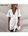 BerryGo Sexy głęboki dekolt w serek kombinezon romper kobiety potargane hollow out haft bawełna biały playsuit elegancki sashes 