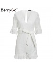 BerryGo Sexy głęboki dekolt w serek kombinezon romper kobiety potargane hollow out haft bawełna biały playsuit elegancki sashes 