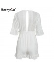 BerryGo Sexy głęboki dekolt w serek kombinezon romper kobiety potargane hollow out haft bawełna biały playsuit elegancki sashes 