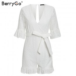 BerryGo Sexy głęboki dekolt w serek kombinezon romper kobiety potargane hollow out haft bawełna biały playsuit elegancki sashes 