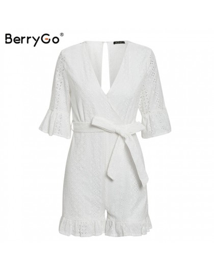 BerryGo Sexy głęboki dekolt w serek kombinezon romper kobiety potargane hollow out haft bawełna biały playsuit elegancki sashes 