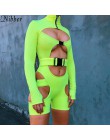 Nibber Sexy Hollow out fluorescencyjne zielone kobiety Playsuit lato hot sprzedaż moda damska body czarne zamek klamra kombinezo