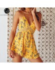 Lily Rosie dziewczyna żółty koronki V Neck Boho kobiety Playsuit Spaghetti pasek plaża lato Playsuit kwiatowy Print krótki kombi